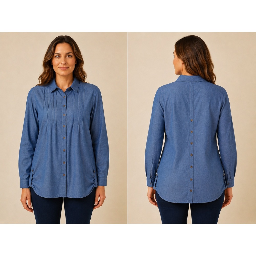 WD-NY Button Down Shirt Women Large Blue‎ Pintuck Pleated Chambray Tunic